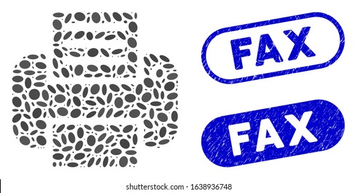 Collage printer and grunge stamp seals with Fax phrase. Mosaic vector printer is created with random oval dots. Fax stamp seals use blue color, and have round rectangle shape.