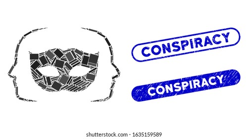 Collage private party mask and distressed stamp seals with Conspiracy text. Mosaic vector private party mask is composed with scattered rectangle items. Conspiracy stamp seals use blue color,