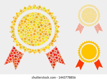 Collage Prize seal icon designed from circle and square elements in random sizes, positions and proportions. Vector circle and square parts are grouped into abstract collage prize seal icons.