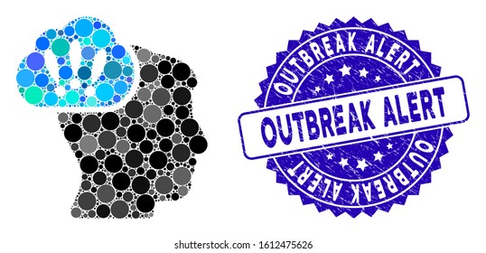 Collage problem brainstorm icon and grunge stamp seal with Outbreak Alert text. Mosaic vector is formed with problem brainstorm icon and with random circle items. Outbreak Alert stamp uses blue color,