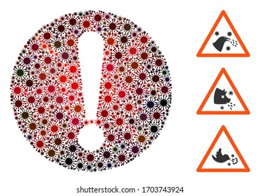 Collage problem composed of flu virus elements in various sizes, red colors. Vector pathogen parts are composed into abstract collage problem icon. Some bonus icons are added.