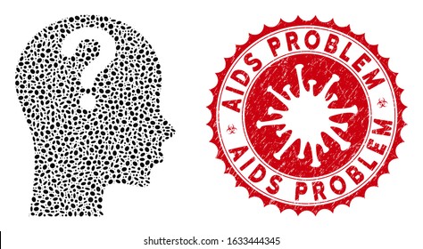 Collage problem icon and red rounded corroded stamp seal with AIDS Problem text and coronavirus symbol. Mosaic vector is composed with problem icon and with random ellipse items.