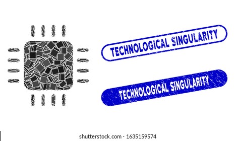 Collage processor and grunge stamp seals with Technological Singularity caption. Mosaic vector processor is designed with random rectangle items. Technological Singularity stamp seals use blue color,