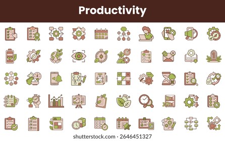 A collage of productivity-themed icons featuring diverse tools like charts, calendars, and time management symbols in a harmonious color palette.