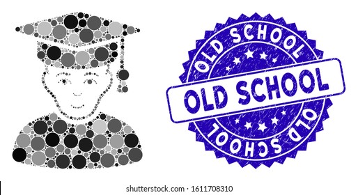 Collage professor icon and rubber stamp seal with Old School caption. Mosaic vector is created from professor icon and with random circle spots. Old School stamp uses blue color, and rubber surface.