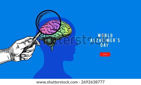 Collage of profile head, sketch brain and magnifying glass. World Alzheimer's day. Human psychology, neuroscience, mental health concept. Hand drawn vector illustration.