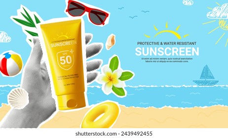 Collage for promotion sunscreen. Banner with collage items with sunscreen, seashells, halftone hands, leaves, torn paper and doodles. Vector illustration for promotion of summer goods and cosmetics.