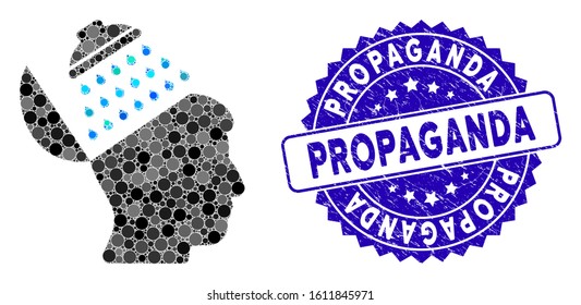Collage propaganda brain shower icon and rubber stamp seal with Propaganda text. Mosaic vector is created with propaganda brain shower icon and with randomized spheric items.
