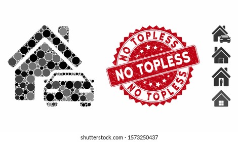 Collage property icon and rubber stamp seal with No Topless caption. Mosaic vector is created with property pictogram and with random circle spots. No Topless stamp seal uses red color,
