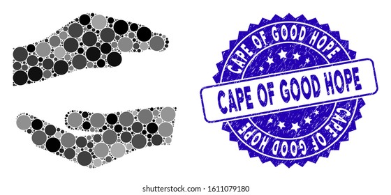 Collage protecting hands icon and distressed stamp watermark with Cape of Good Hope text. Mosaic vector is created with protecting hands icon and with randomized circle spots.