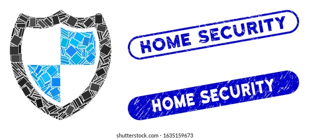 Collage protection shield and rubber stamp seals with Home Security phrase. Mosaic vector protection shield is designed with scattered rectangle items. Home Security stamp seals use blue color,