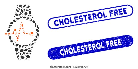 Collage pulse watches and grunge stamp seals with Cholesterol Free phrase. Mosaic vector pulse watches is composed with randomized elliptic spots. Cholesterol Free stamp seals use blue color,