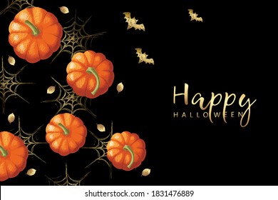 Collage of pumpkins, gossamer, bats and golden leaves on the dark background, 'Happy halloween', hand-drawn.