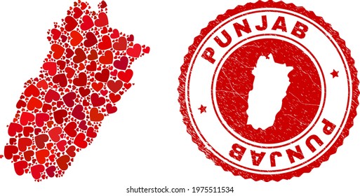 Collage Punjab Province map composed with red love hearts, and rubber seal stamp. Vector lovely round red rubber stamp imitation with Punjab Province map inside.