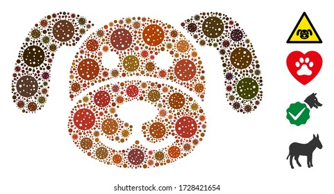 Collage Welpe organisiert aus Coronavirus-Elementen in verschiedenen Größen und Farbtönen. Vektorinfizierungselemente sind in abstrakte Collage Welpensymbole organisiert. Einige Bonussymbole werden hinzugefügt.