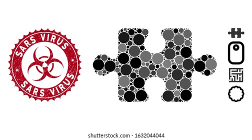 Collage puzzle item icon and grunge stamp seal with Sars Virus phrase and biohazard symbol. Mosaic vector is created from puzzle item icon and with scattered spheric spots.