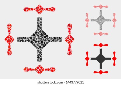 Collage Quadcopter icon organized from circle and square items in random sizes, positions and proportions. Vector round and square dots are organized into abstract collage quadcopter icons.