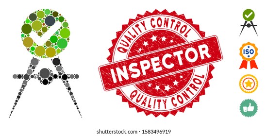 Collage quality control icon and rubber stamp seal with Quality Control Inspector text. Mosaic vector is composed with quality control icon and with randomized spheric items.