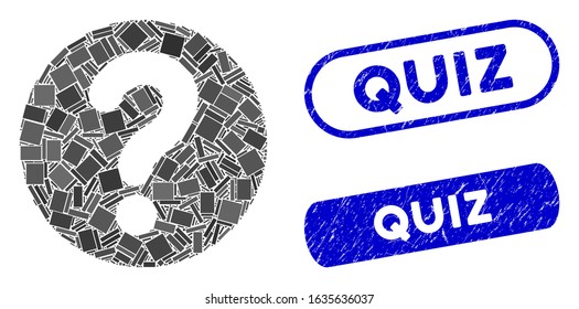 Collage query and corroded stamp seals with Quiz text. Mosaic vector query is designed with scattered rectangle items. Quiz stamp seals use blue color, and have round rectangle shape.