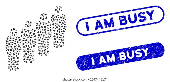 Collage queue and distressed stamp seals with I Am Busy caption. Mosaic vector queue is designed with randomized elliptic spots. I Am Busy stamp seals use blue color, and have round rectangle shape.