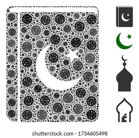 Collage quran book composed of flu virus icons in variable sizes and color hues. Vector pathogen items are organized into abstract collage quran book icon. Some bonus icons are added.