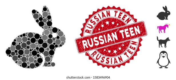 Collage rabbit icon and rubber stamp seal with Russian Teen phrase. Mosaic vector is designed with rabbit icon and with scattered spheric items. Russian Teen stamp seal uses red color,