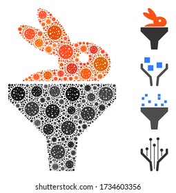 Embudo de puré de conejo colgante organizado a partir de elementos del virus covid-2019 en diferentes tamaños y colores. Los iconos de infección vectorial se combinan en un icono abstracto de embudo de conejo puré de conejo.