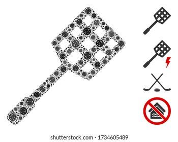 Collage racket composed of flu virus items in random sizes and color hues. Vector infection icons are united into abstract collage racket icon. Some bonus icons are added.