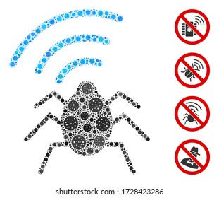 Collage radio bug organized from covid-2019 virus icons in random sizes and color hues. Vector pathogen icons are composed into abstract mosaic radio bug icon. Some bonus icons are added.