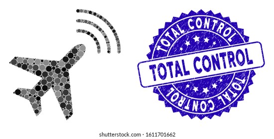 Collage radio monitoring airplane icon and rubber stamp seal with Total Control text. Mosaic vector is designed with radio monitoring airplane pictogram and with scattered round spots.