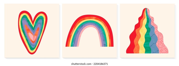 Collage rainbow vector poster design set. Abstract and positive minimalist background with brightl boho arc. Collection of scandinavian childish color illustration with brush texture. Equality symbol