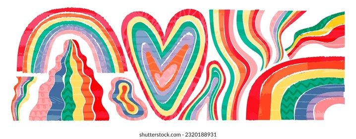 Collage rainbow vector poster design set. Abstract and positive minimalist background with brightl boho arc. Collection of scandinavian childish color illustration with brush texture. Equality symbol