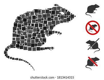 Collage Rat icon composed of square items in various sizes and color hues. Vector square items are organized into abstract collage rat icon. Bonus icons are added.