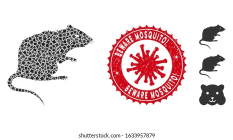 Collage rat icon and red rounded grunge stamp seal with Beware Mosquito! text and coronavirus symbol. Mosaic vector is designed with rat icon and with scatteredabrupt elements.