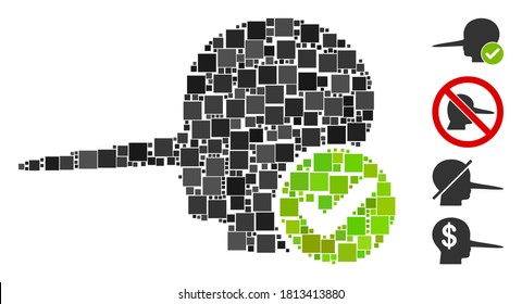 Collage Icono de mentiroso real compuesto de elementos cuadrados de varios tamaños y tonos de color. Los elementos cuadrados vectoriales se componen en un icono abstracto de mosaico real de mentiras. Se agregan iconos de bonificación.