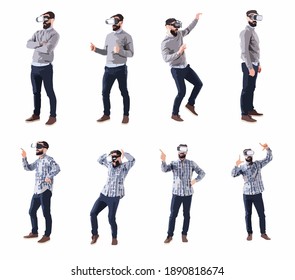 Collage of realistic business man using virtual reality headset made of abstract shapes on white. Easy editable vector illustration. 