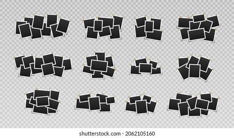 Collage of realistic frames. Border of black photo frames on light background. Pile of photo.