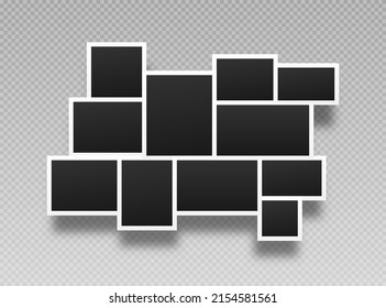Collage of realistic frames. Border of black photo frames on light background. Pile of photo.