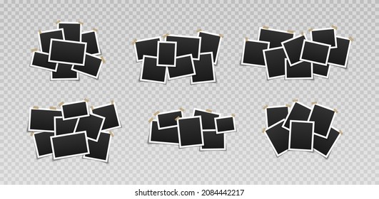Collage of realistic frames. Pile of photo. Border of black photo frames on light background.