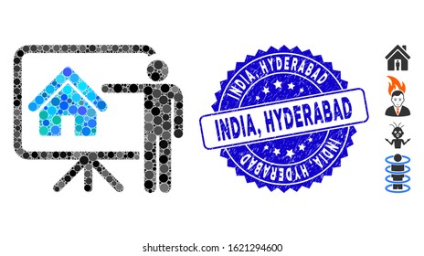 Collage realtor presentation board icon and corroded stamp seal with India, Hyderabad text. Mosaic vector is composed with realtor presentation board icon and with scattered spheric elements. India,