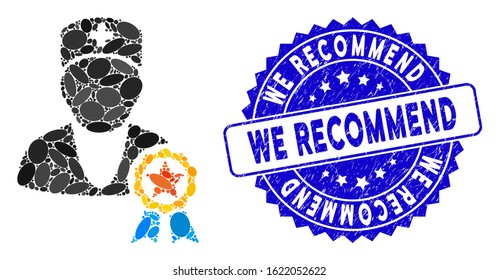 Collage recommended by doctors icon and grunge stamp seal with We Recommend phrase. Mosaic vector is formed with recommended by doctors icon and with scattered elliptic elements.