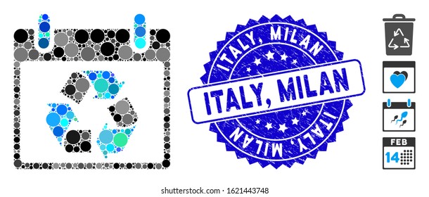 Collage recycle calendar day icon and distressed stamp seal with Italy, Milan caption. Mosaic vector is created with recycle calendar day icon and with randomized spheric spots. Italy,