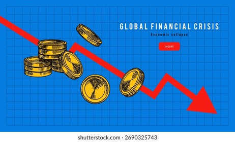 Collage of red arrow across grid with coins. Global finance crisis, economic collapse, banking, investment, insurance, business school, media, risk management concept. Vector illustration.
