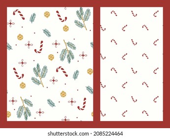 Collage red Christmas pattern set with candy canes, snowflakes. Background for wrapping paper, fabric print, greeting cards. Winter Holiday design