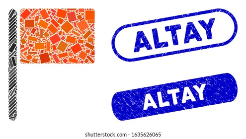 Collage red flag and corroded stamp seals with Altay caption. Mosaic vector red flag is created with random rectangle items. Altay stamp seals use blue color, and have round rectangle shape.