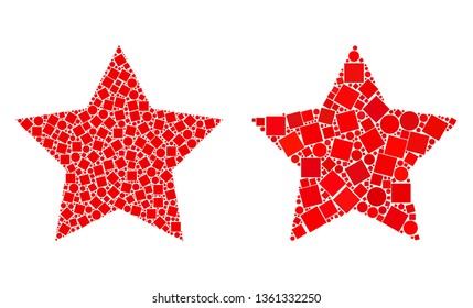 Collage Red star icons designed from circle and square items in variable sizes, positions and proportions. Vector spheric and square items are combined into abstract composition red star icons.