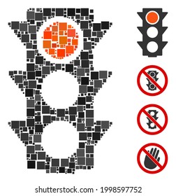 Collage Red traffic lights icon composed of square elements in various sizes and color hues. Vector square elements are united into abstract collage red traffic lights icon. Bonus icons are added.