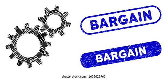 Collage reduction gears and distressed stamp seals with Bargain phrase. Mosaic vector reduction gears is created with randomized rectangle items. Bargain stamp seals use blue color,