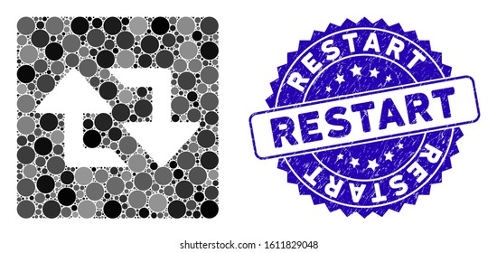 Collage refresh arrows icon and rubber stamp seal with Restart phrase. Mosaic vector is composed with refresh arrows icon and with randomized spheric elements. Restart stamp seal uses blue color,