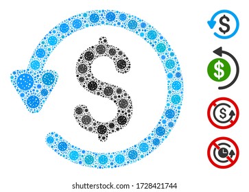 Collage refund constructed from flu virus items in different sizes and color hues. Vector infection items are arranged into abstract collage refund icon. Some bonus icons are added.